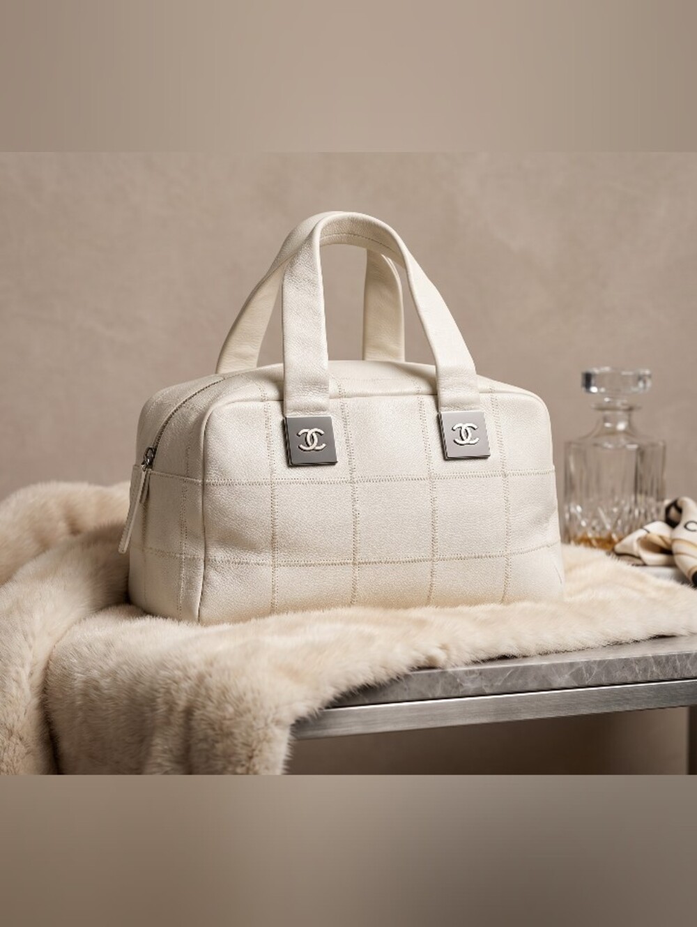 Chanel Choco Bar Coco Mark Lux Square Stitch White Boston Bowler Handbag